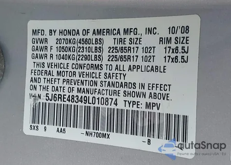 2009 Honda Cr-V Lx из США, поврежденный, VIN 5J6RE48349L010874